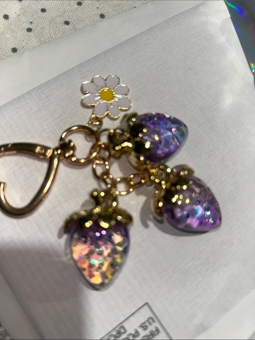 Gold Daisy Charm Keyring with Iridescent Purple Strawberry Charms